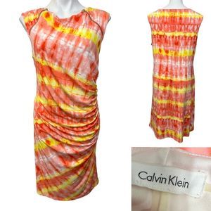 Calvin Klein dress XL Cap‎ Sleeve Sheath pink multicolor Tie Dye Ruched Women's